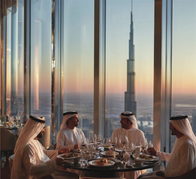 Four men in traditional attire dine at an elegant restaurant with a panoramic view of a city skyline at sunset